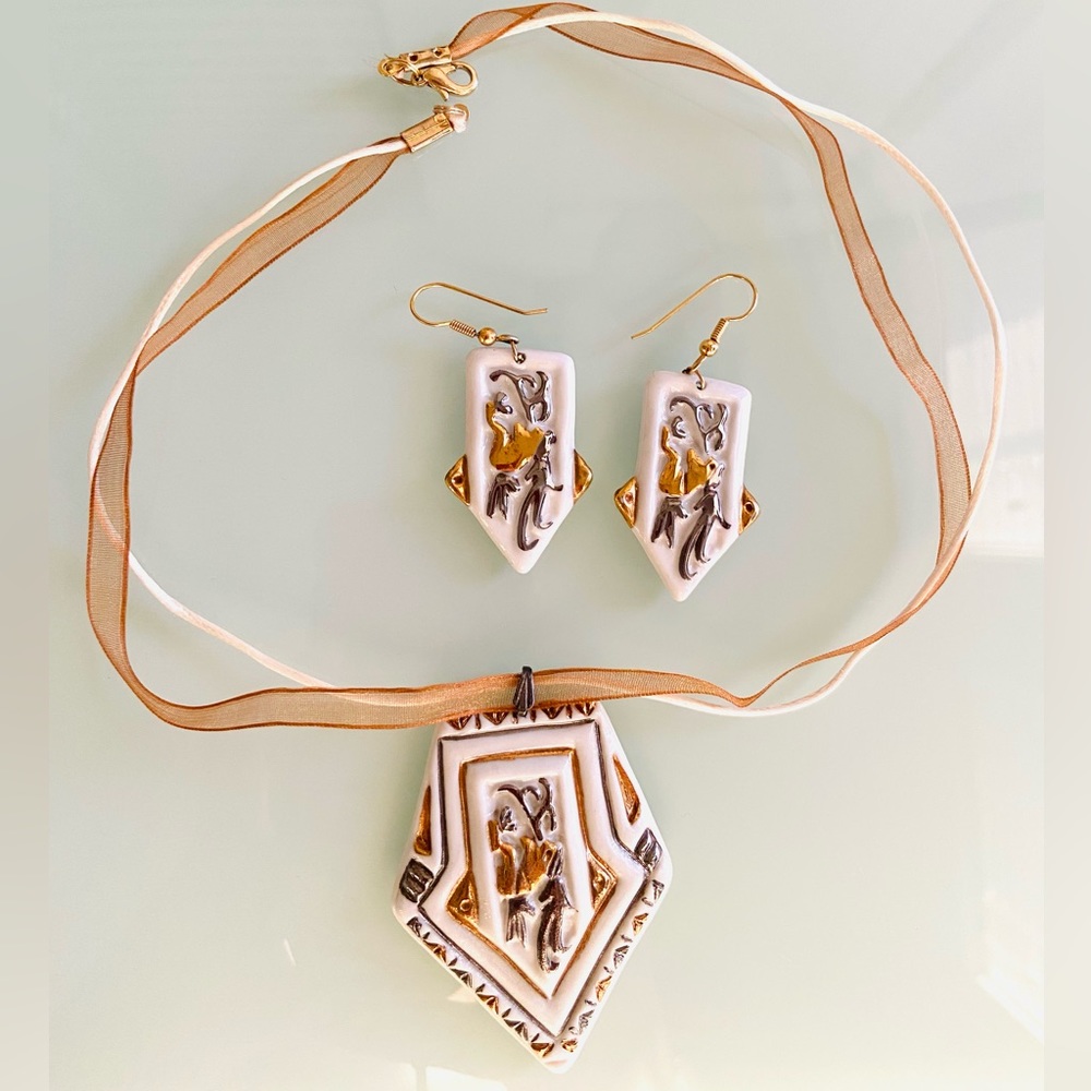 Italian ceramic necklace and earrings set, handmade, signed, bought from artist.